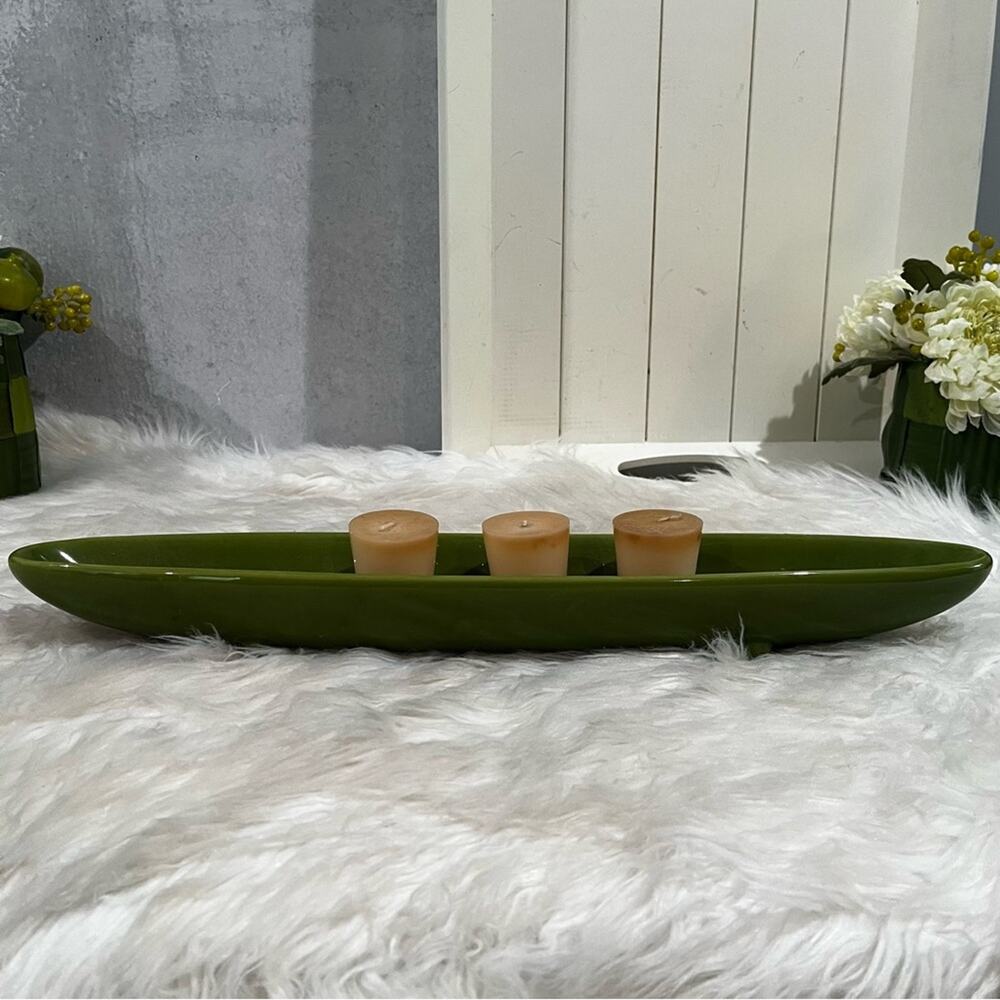 NEW Pier One Ceramic Footed Floating Candle Boat Candleholder Green 18” NWOT